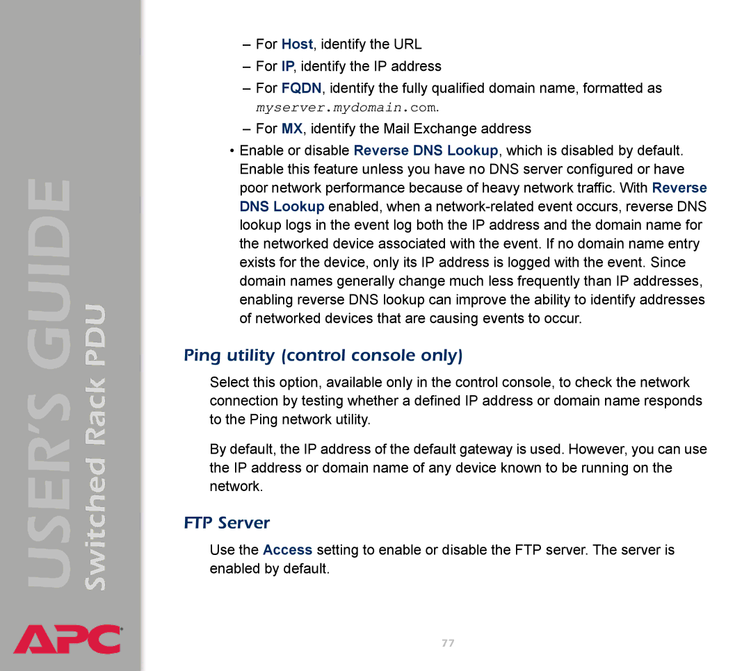 APC AP7900 manual Ping utility control console only, FTP Server 