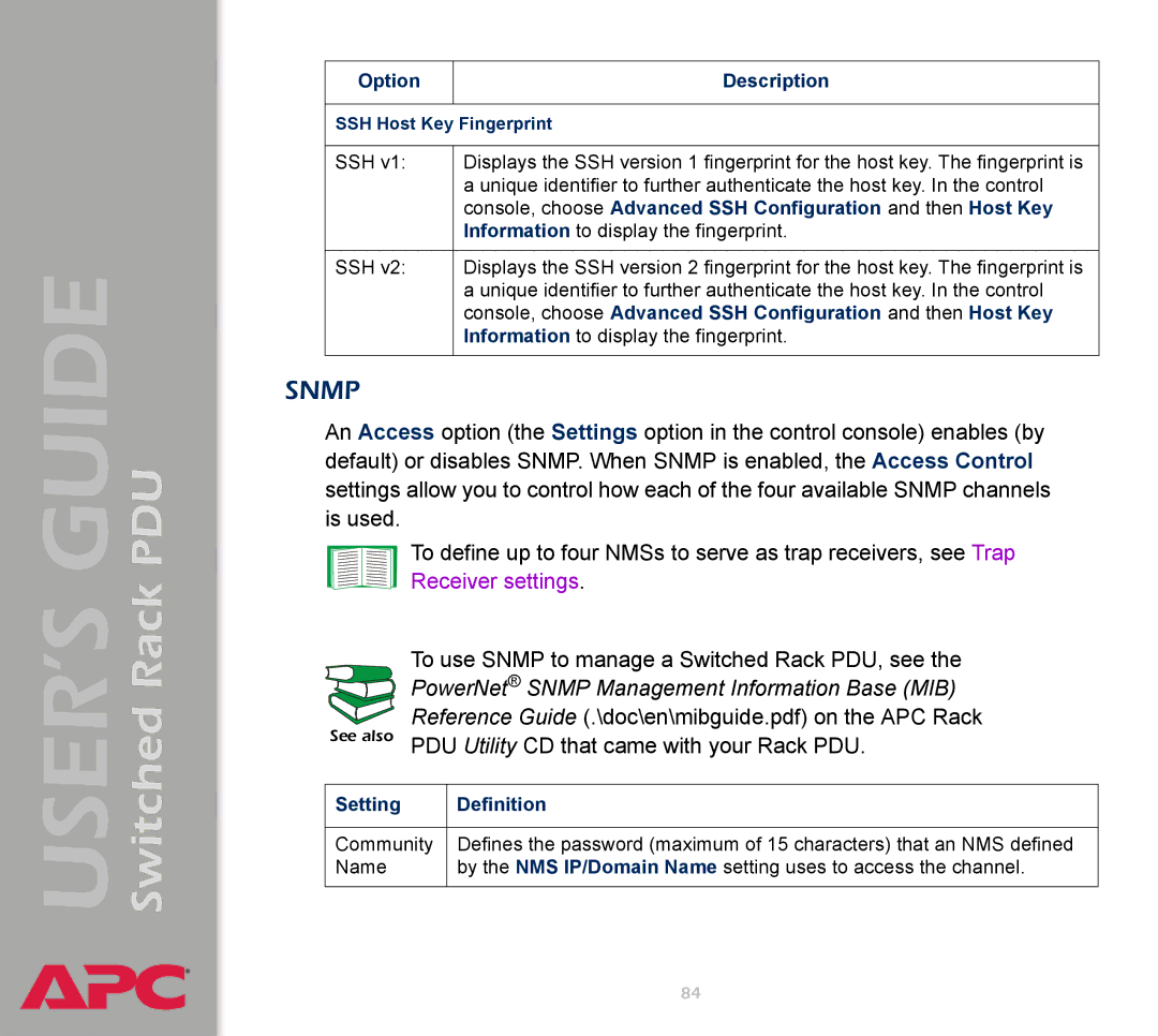 APC AP7900 manual Console, choose Advanced SSH Configuration and then Host Key, Setting Definition 