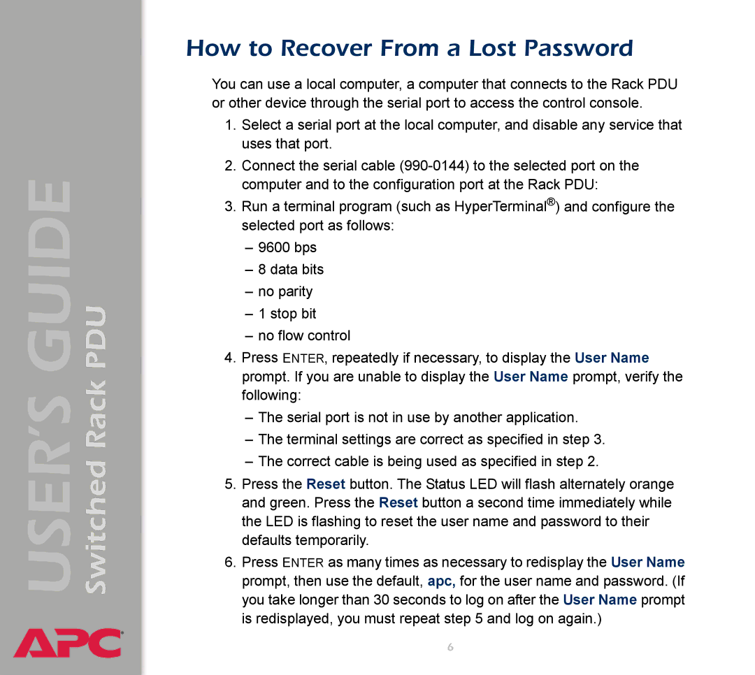 APC AP7900 manual How to Recover From a Lost Password 