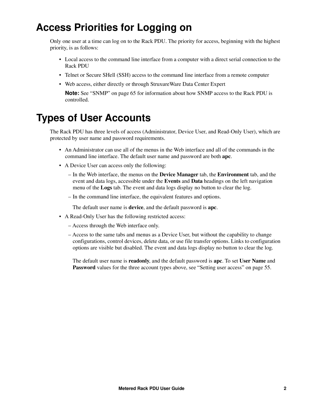 APC AP88XX, AP8886, AP8861 manual Access Priorities for Logging on, Types of User Accounts 