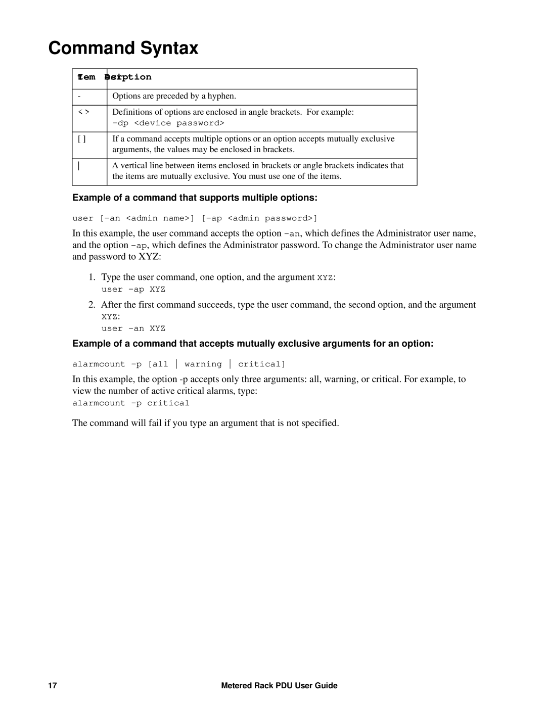 APC AP88XX, AP8886, AP8861 manual Command Syntax, Description 