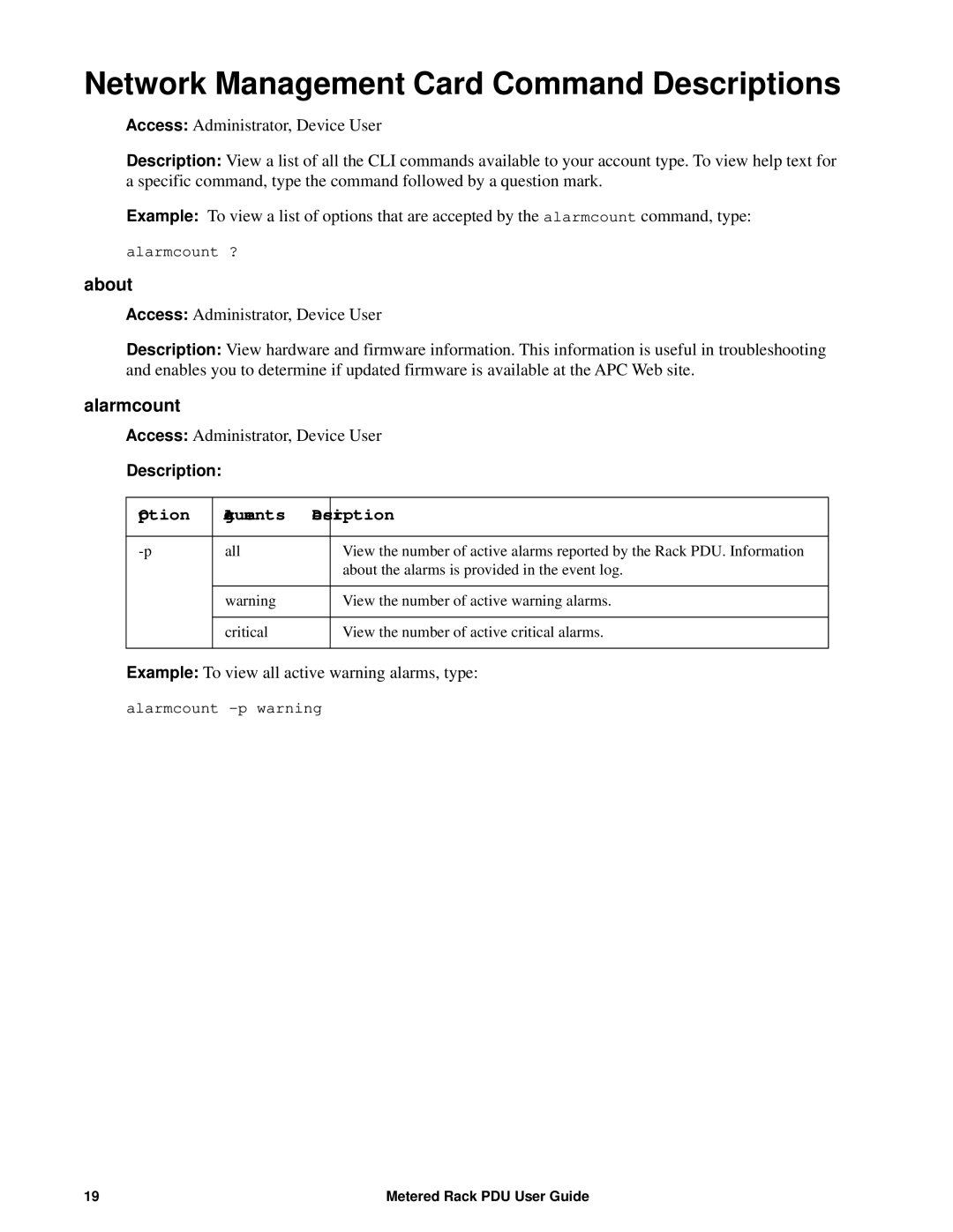 APC AP8886, AP88XX, AP8861 Network Management Card Command Descriptions, About, Alarmcount, Option Arguments Description 