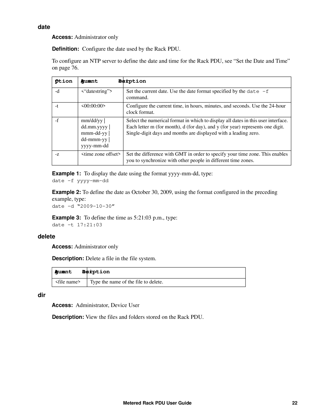 APC AP8886, AP88XX, AP8861 manual Date, Delete, Argument Description, Dir 