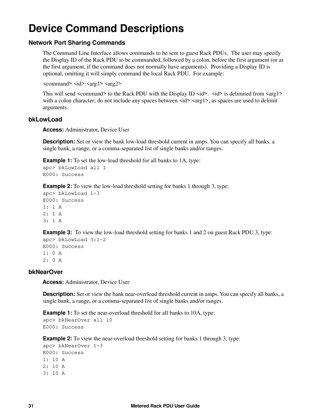 APC AP8886, AP88XX, AP8861 manual Device Command Descriptions, Network Port Sharing Commands, BkLowLoad, BkNearOver 