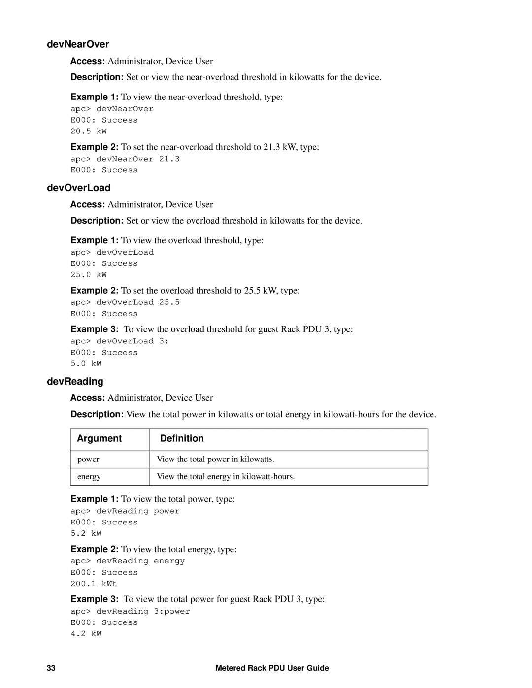 APC AP8861, AP8886, AP88XX manual DevNearOver, DevOverLoad, DevReading, Argument Definition 