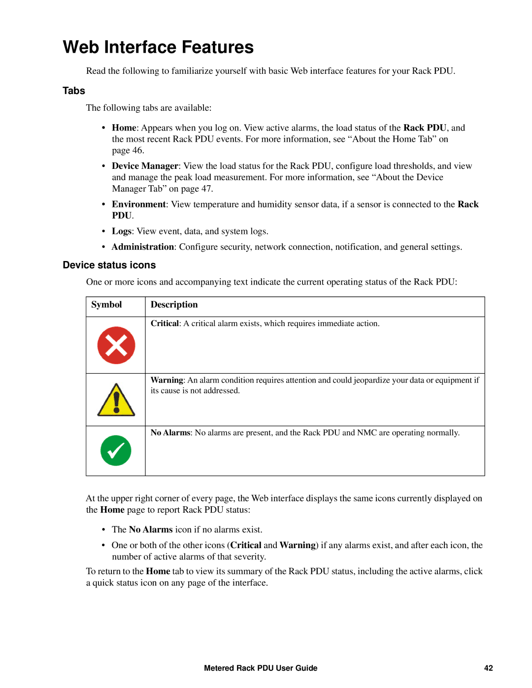 APC AP8861, AP8886, AP88XX manual Web Interface Features, Tabs, Device status icons, Symbol Description 