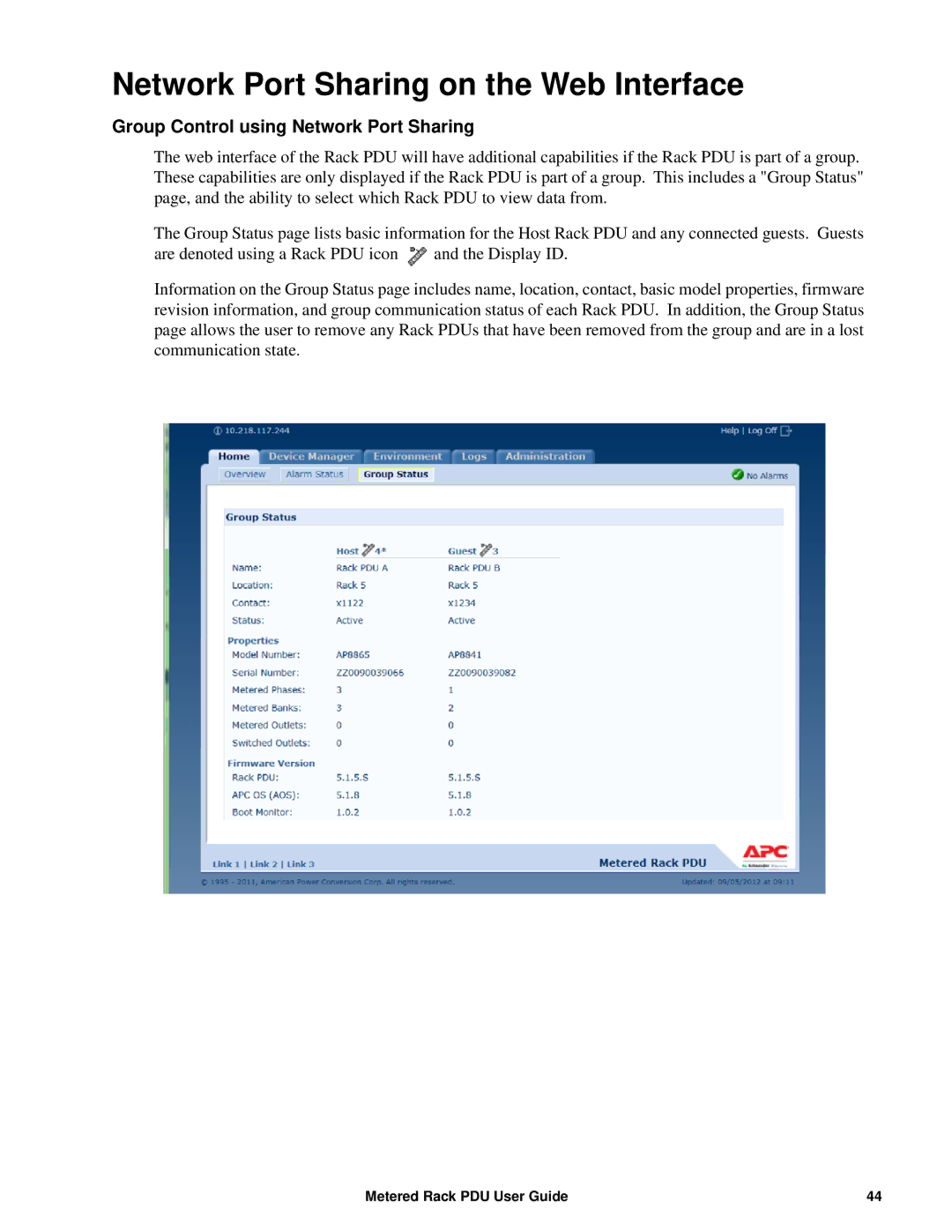 APC AP88XX, AP8886, AP8861 manual Network Port Sharing on the Web Interface, Group Control using Network Port Sharing 