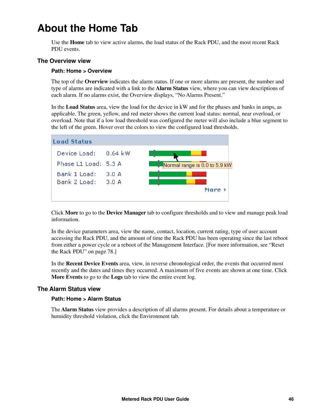 APC AP8886, AP88XX, AP8861 manual About the Home Tab, Overview view, Alarm Status view 