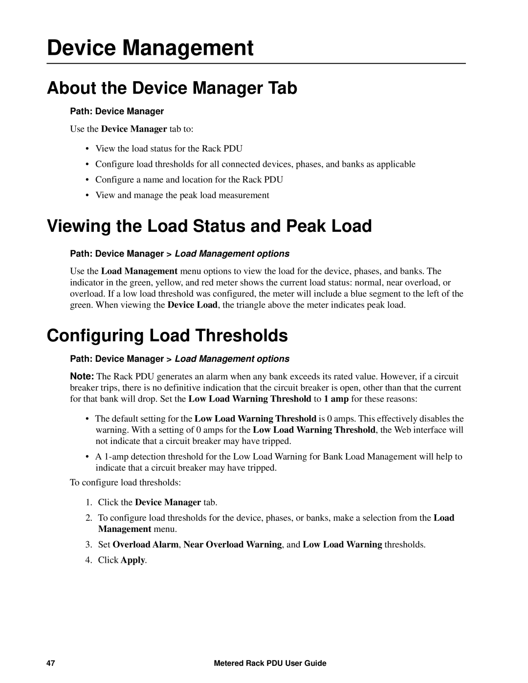 APC AP88XX, AP8886, AP8861 manual Device Management, About the Device Manager Tab, Viewing the Load Status and Peak Load 