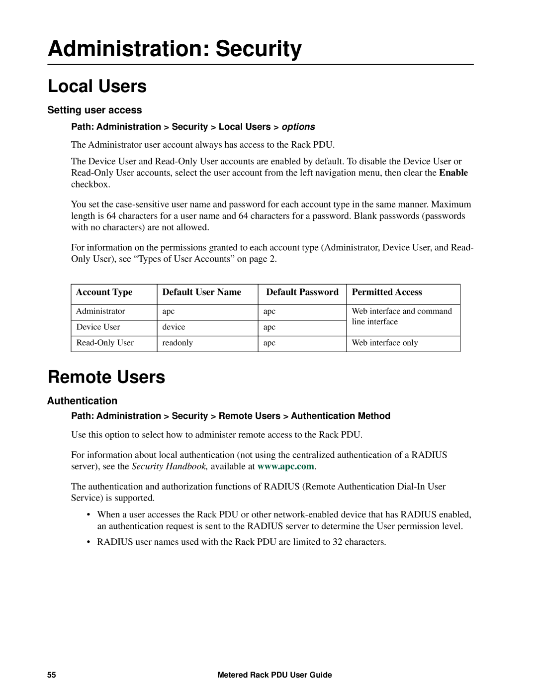 APC AP8886, AP88XX, AP8861 manual Administration Security, Local Users, Remote Users, Setting user access, Authentication 