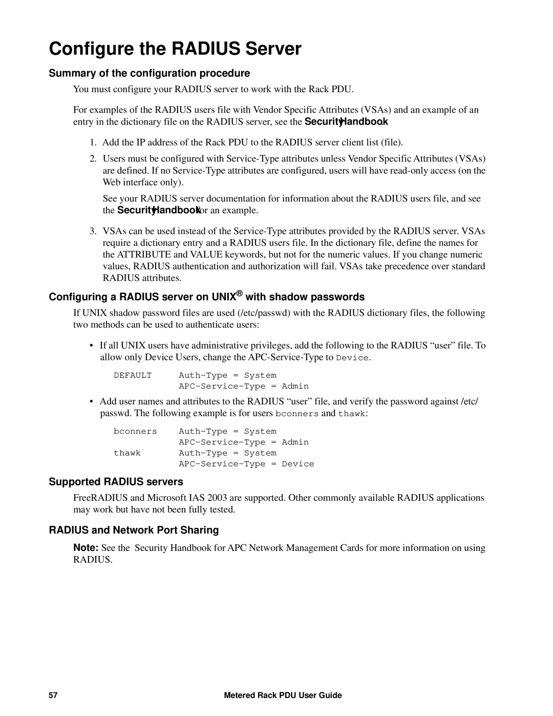 APC AP8861, AP8886, AP88XX Configure the Radius Server, Summary of the configuration procedure, Supported Radius servers 