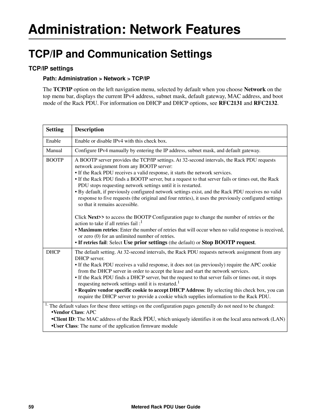 APC AP88XX manual Administration Network Features, TCP/IP and Communication Settings, TCP/IP settings, Setting Description 