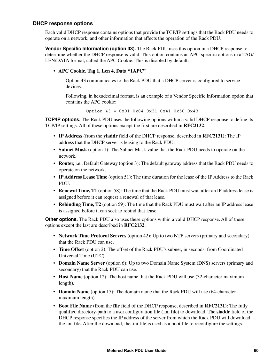 APC AP8861, AP8886, AP88XX manual Dhcp response options, APC Cookie. Tag 1, Len 4, Data 1APC 