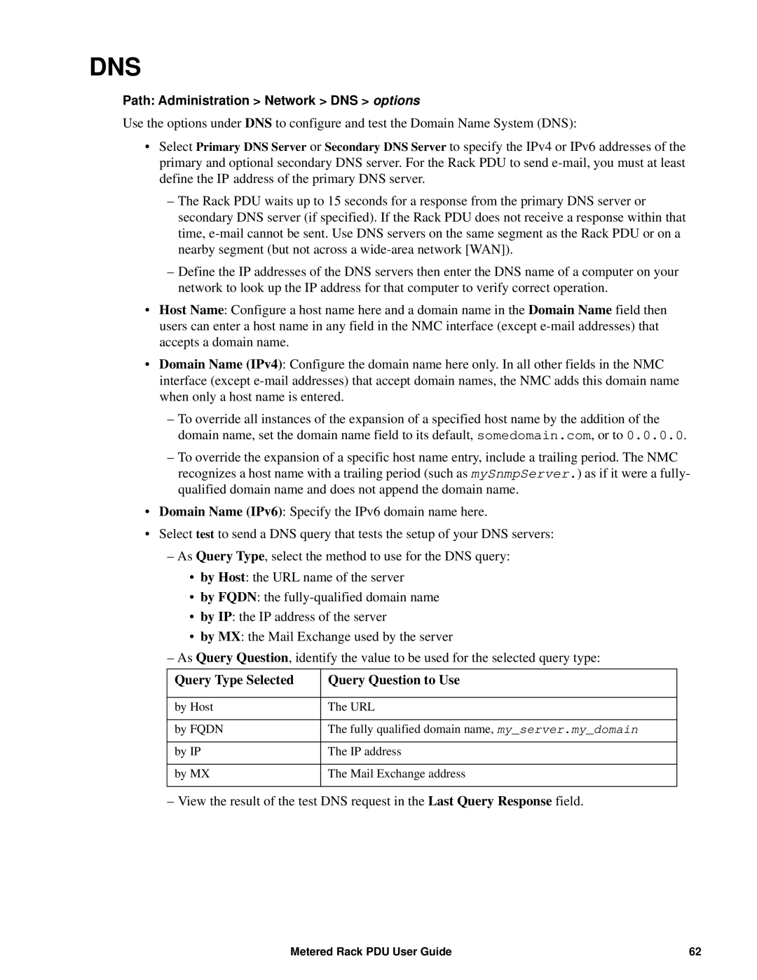 APC AP88XX, AP8886, AP8861 manual Dns, Query Type Selected Query Question to Use 