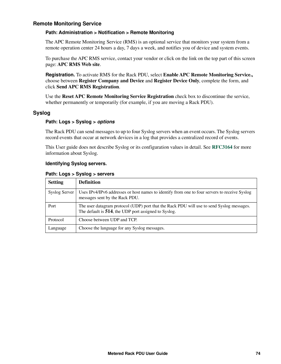 APC AP88XX, AP8886, AP8861 manual Remote Monitoring Service, Syslog, Setting Definition 