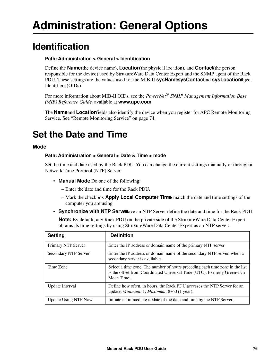 APC AP8886, AP88XX, AP8861 manual Administration General Options, Identification, Set the Date and Time, Mode 