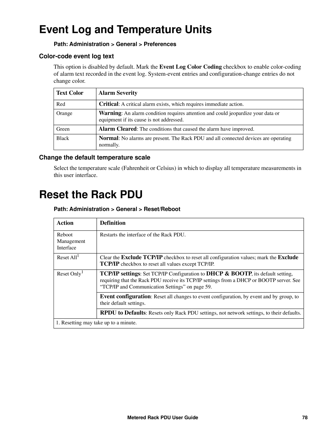 APC AP8861, AP8886, AP88XX manual Event Log and Temperature Units, Reset the Rack PDU, Color-code event log text 