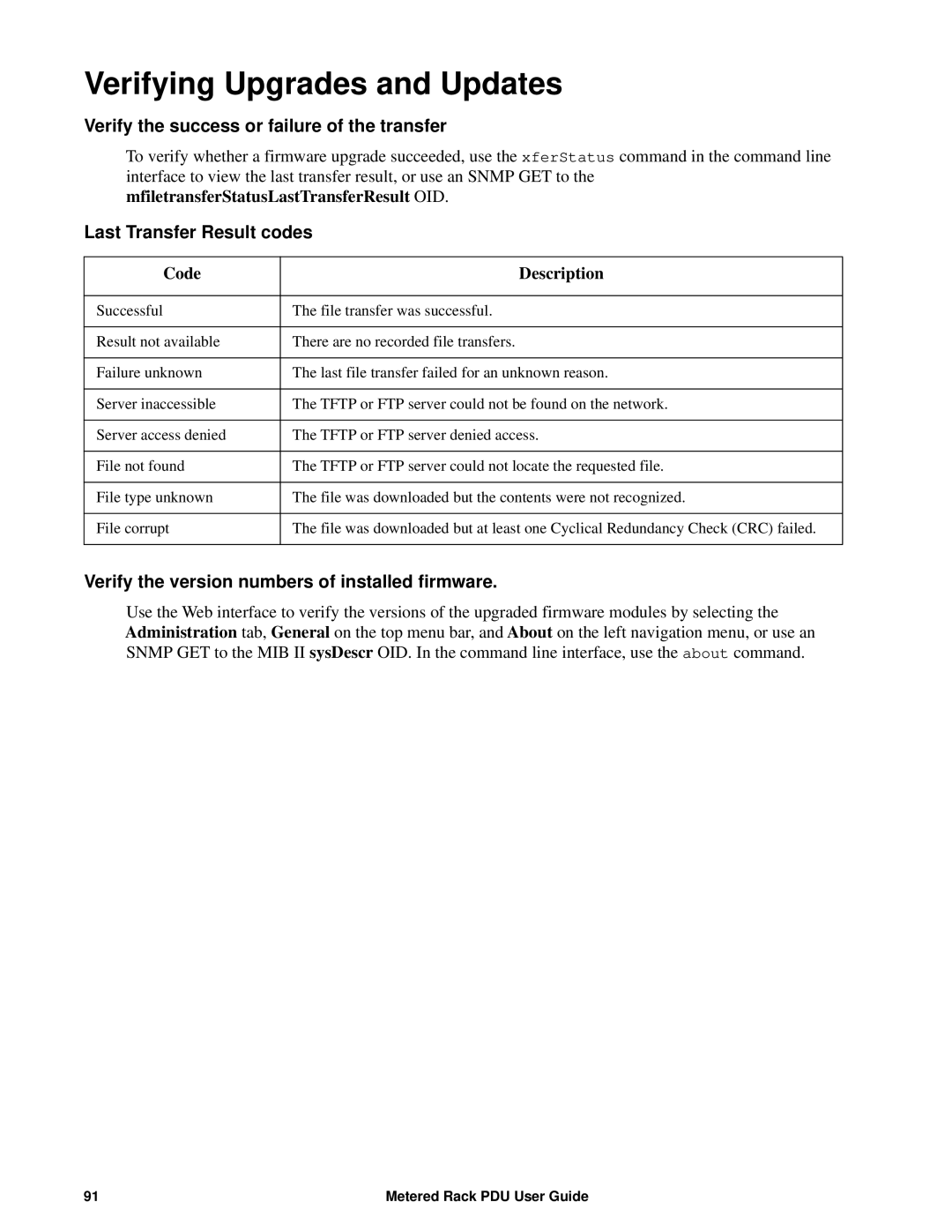 APC AP8886 manual Verifying Upgrades and Updates, Verify the success or failure of the transfer, Last Transfer Result codes 