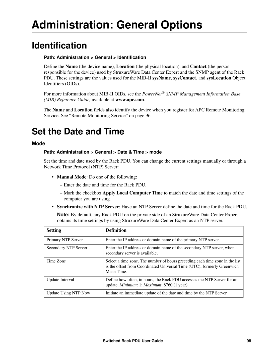 APC AP89XX, AP8941 manual Administration General Options, Identification, Set the Date and Time, Mode 