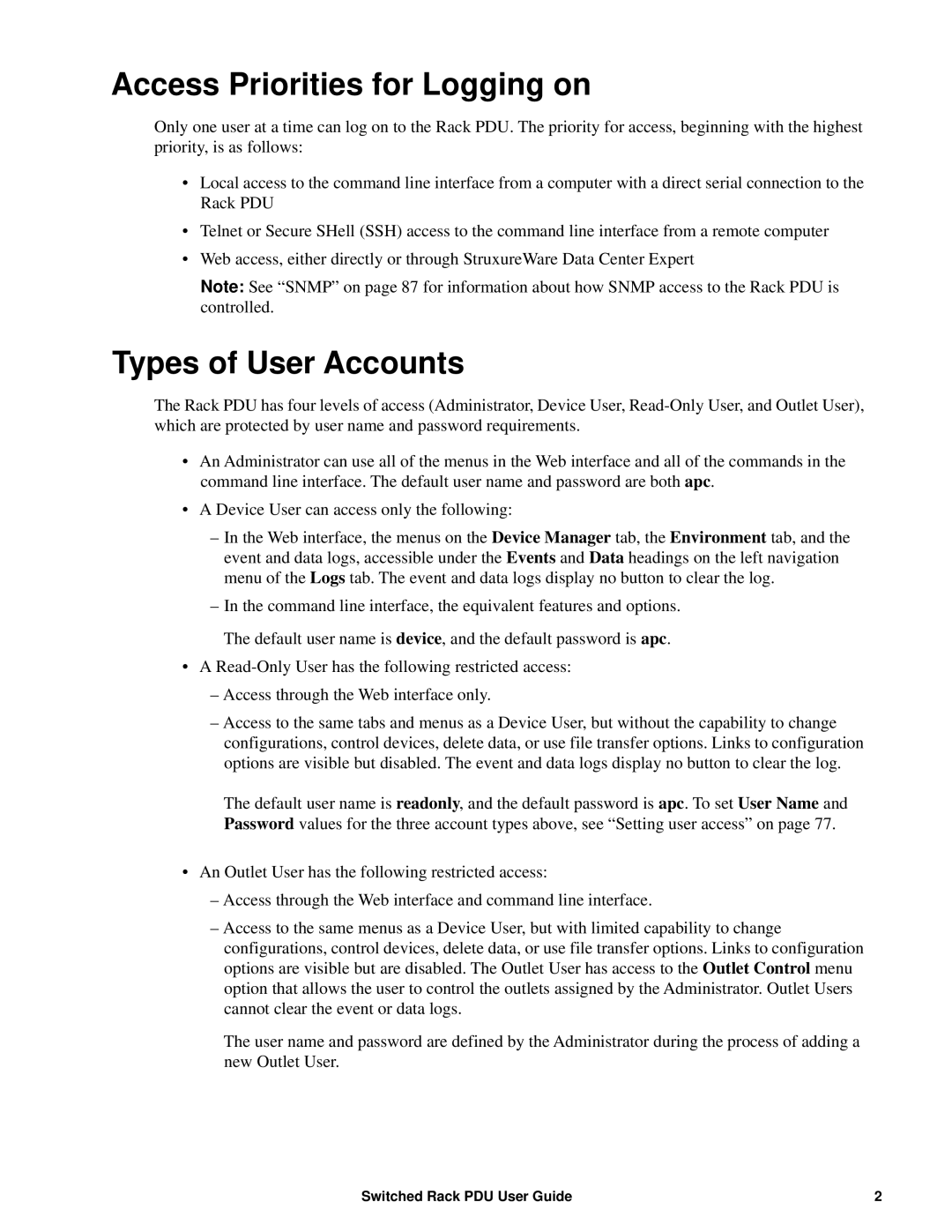 APC AP89XX, AP8941 manual Access Priorities for Logging on, Types of User Accounts 