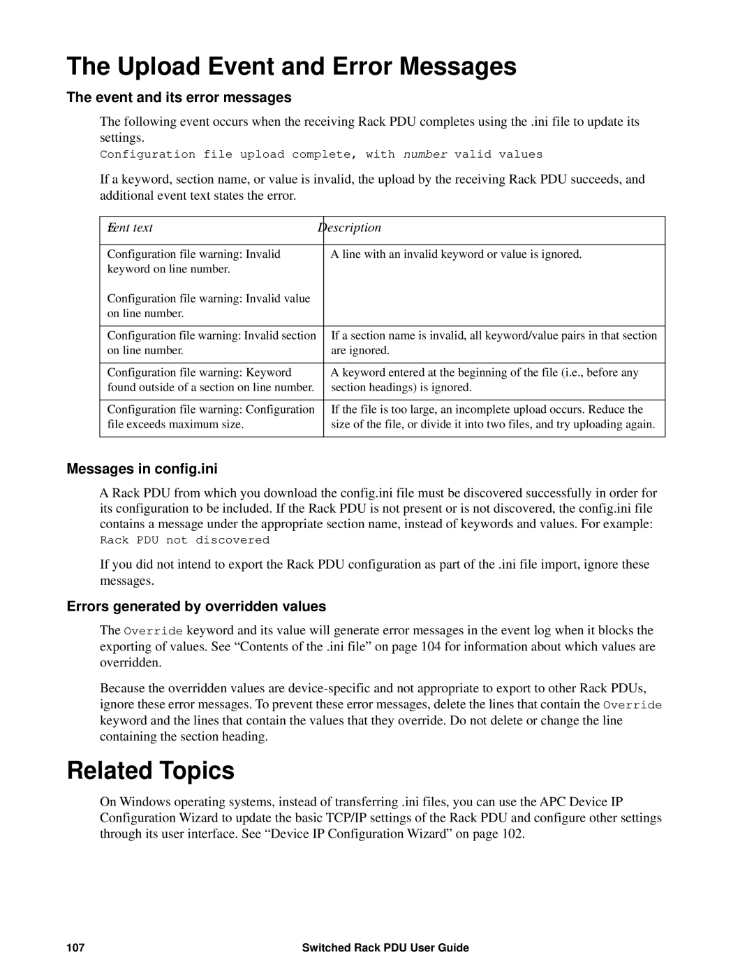 APC AP8941, AP89XX Upload Event and Error Messages, Related Topics, Event and its error messages, Messages in config.ini 