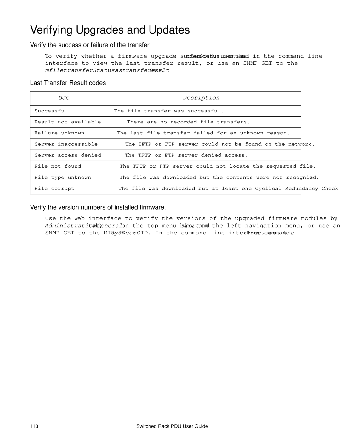 APC AP8941 manual Verifying Upgrades and Updates, Verify the success or failure of the transfer, Last Transfer Result codes 