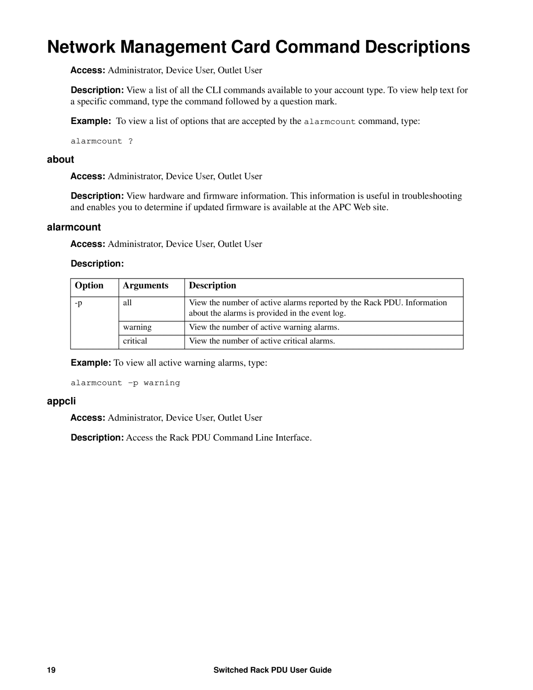 APC AP8941, AP89XX Network Management Card Command Descriptions, About, Alarmcount, Option Arguments Description, Appcli 