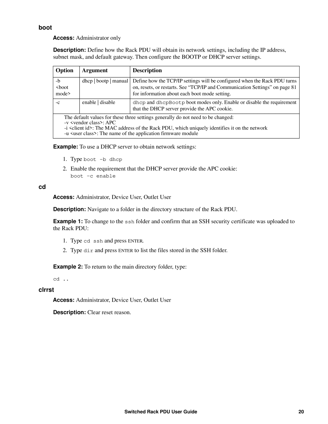 APC AP89XX, AP8941 manual Boot, Option Argument Description, Clrrst 