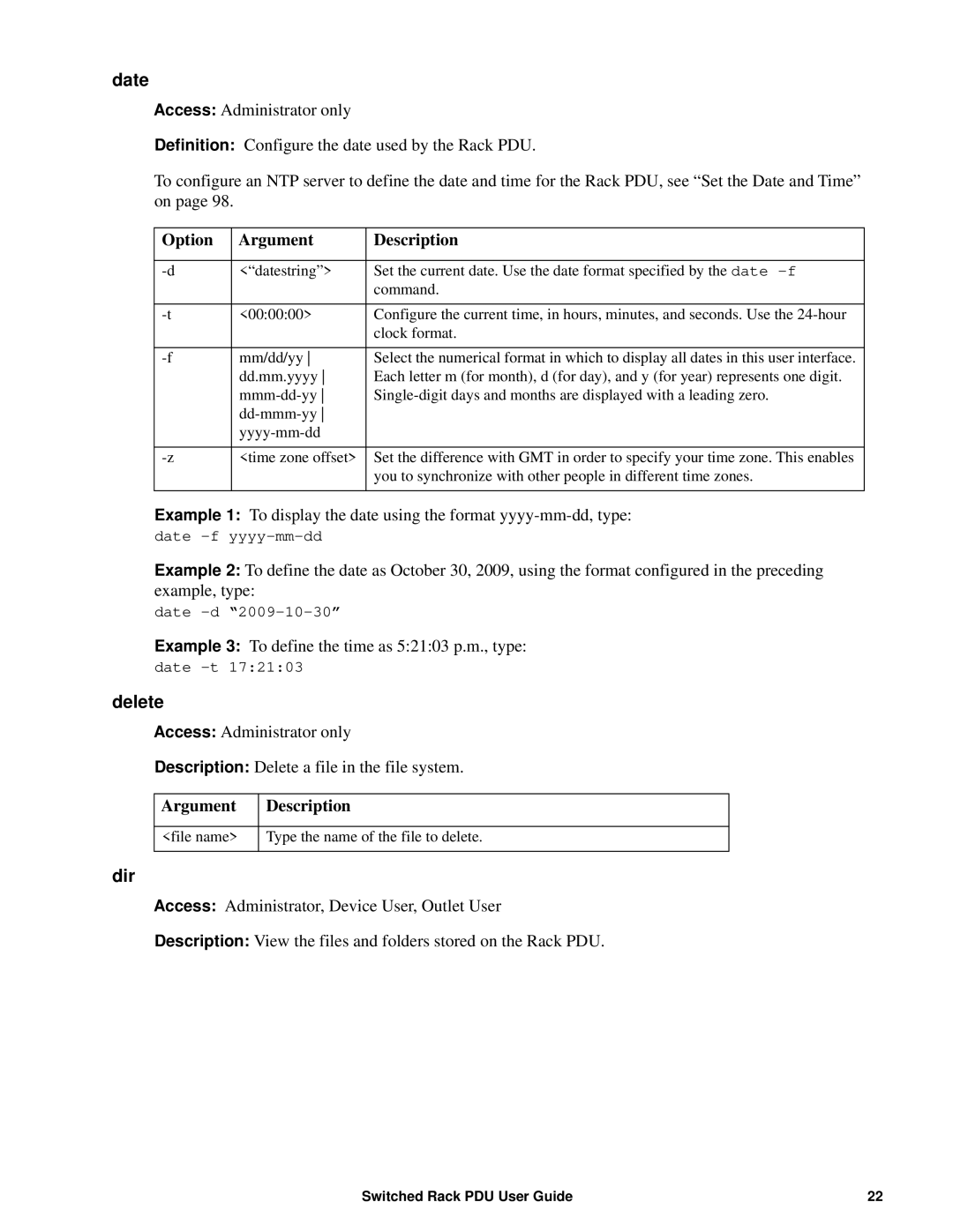 APC AP89XX, AP8941 manual Date, Delete, Argument Description, Dir 