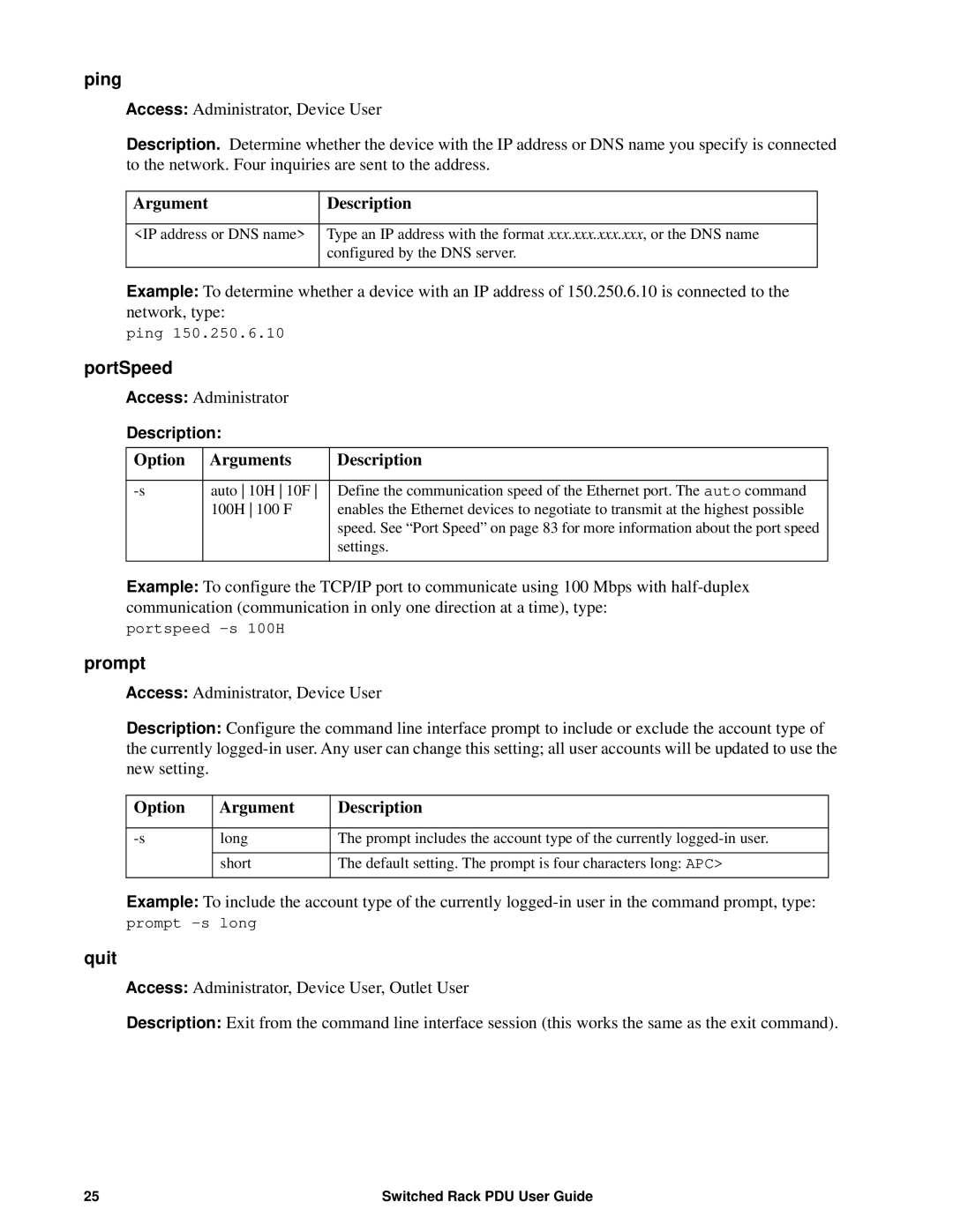 APC AP8941, AP89XX manual Ping, PortSpeed, Prompt, Quit 