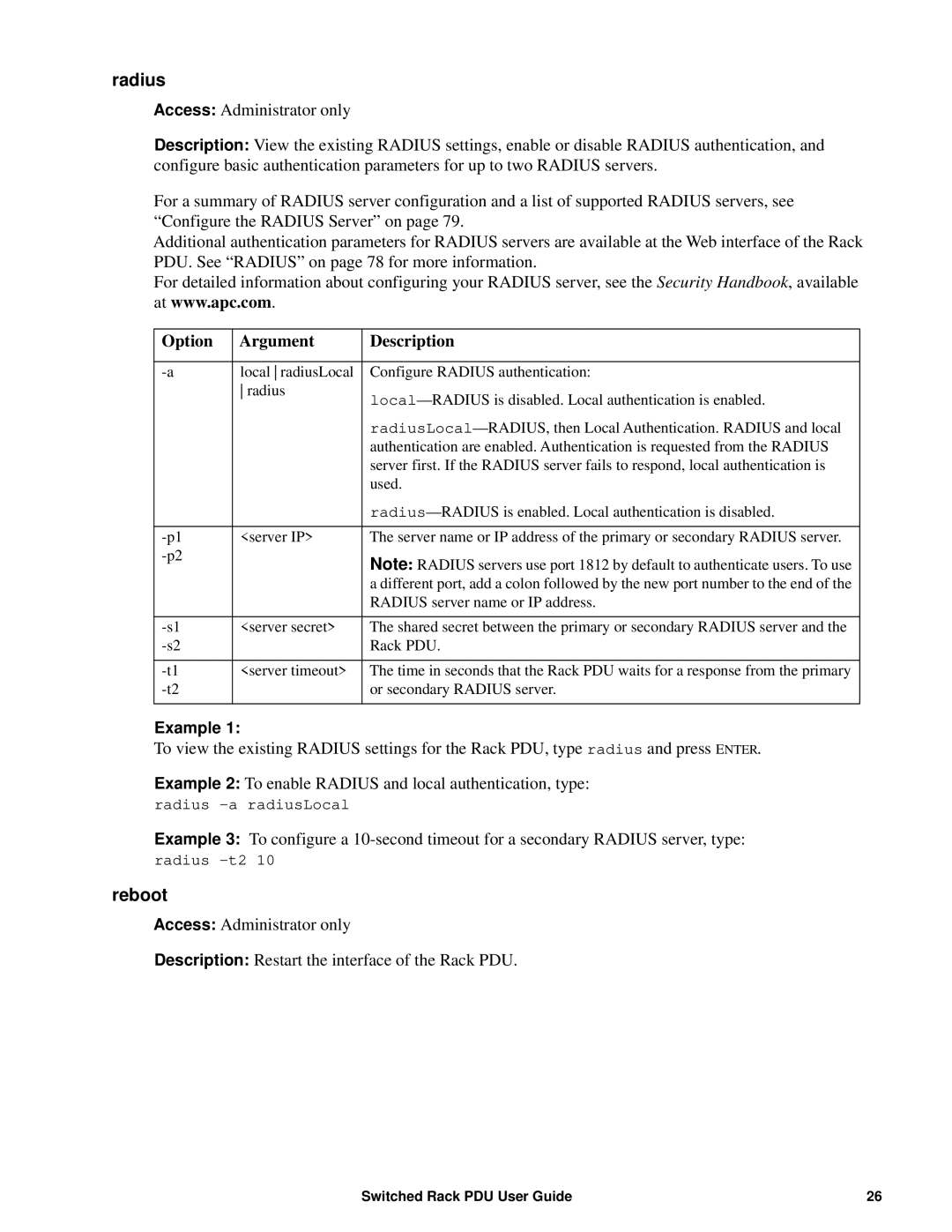 APC AP89XX, AP8941 manual Radius, Reboot 