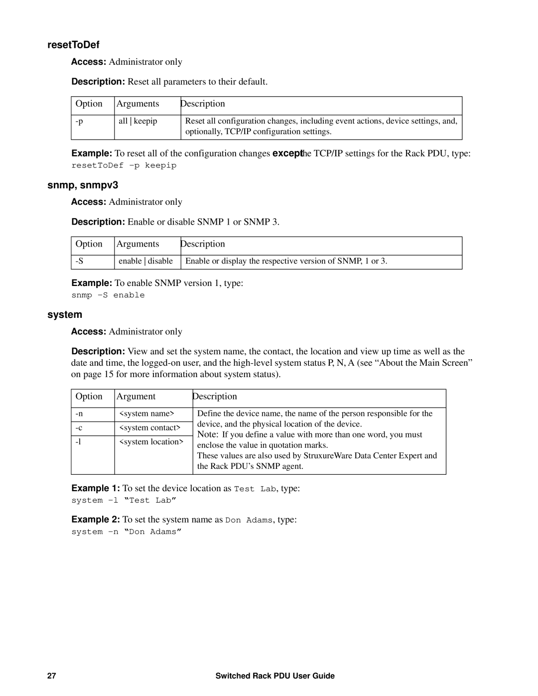 APC AP8941, AP89XX manual ResetToDef, Snmp, snmpv3, System 