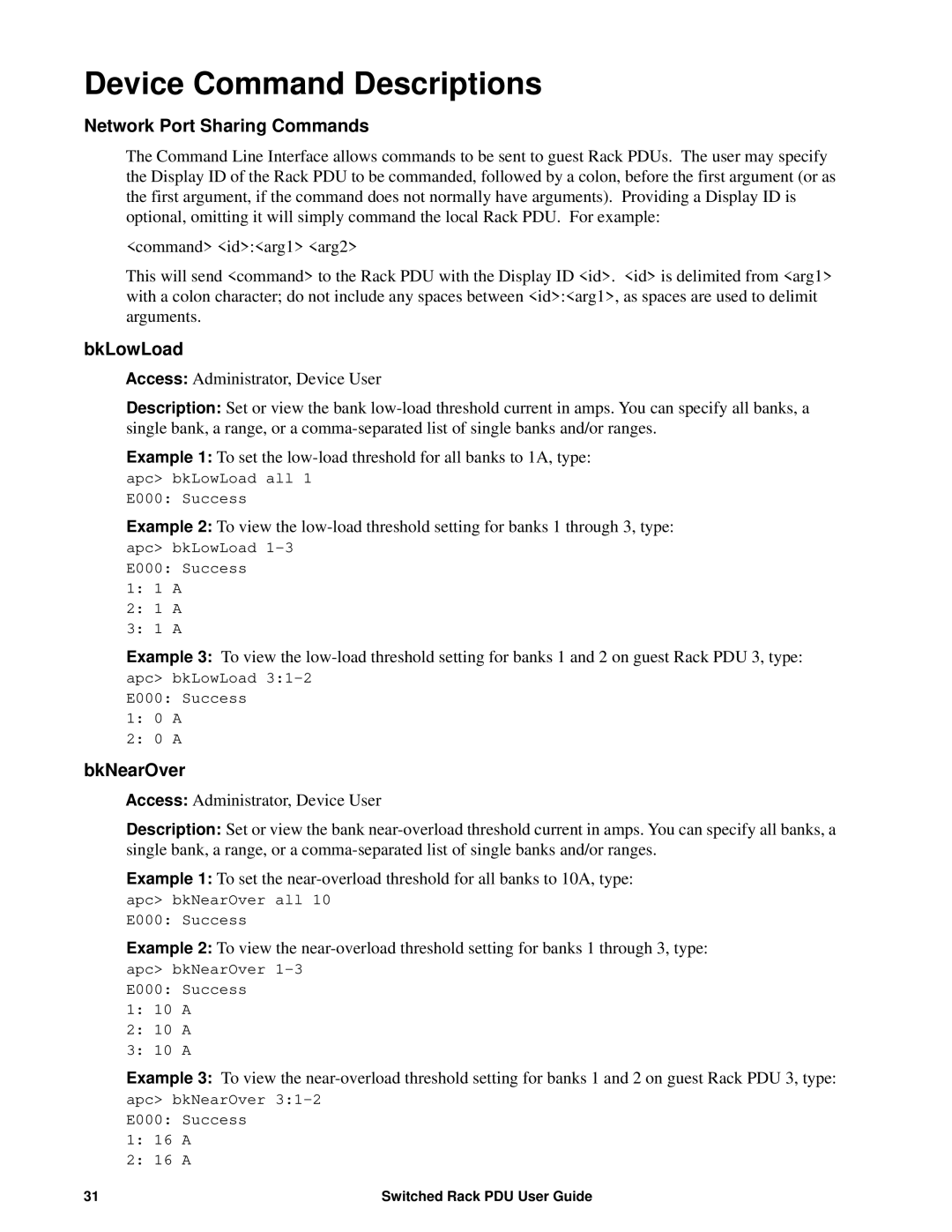 APC AP8941, AP89XX manual Device Command Descriptions, Network Port Sharing Commands, BkLowLoad, BkNearOver 