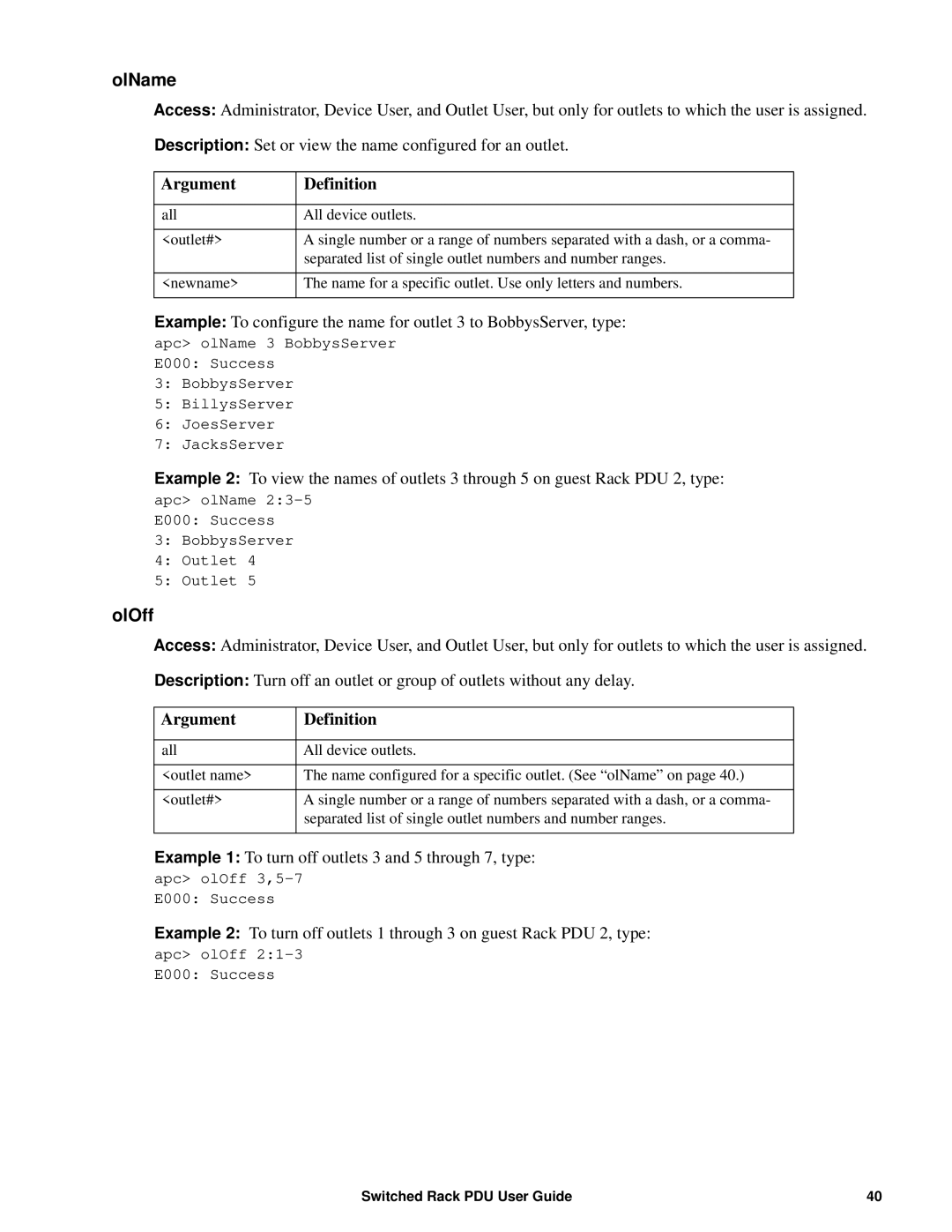 APC AP89XX, AP8941 manual OlName, OlOff 