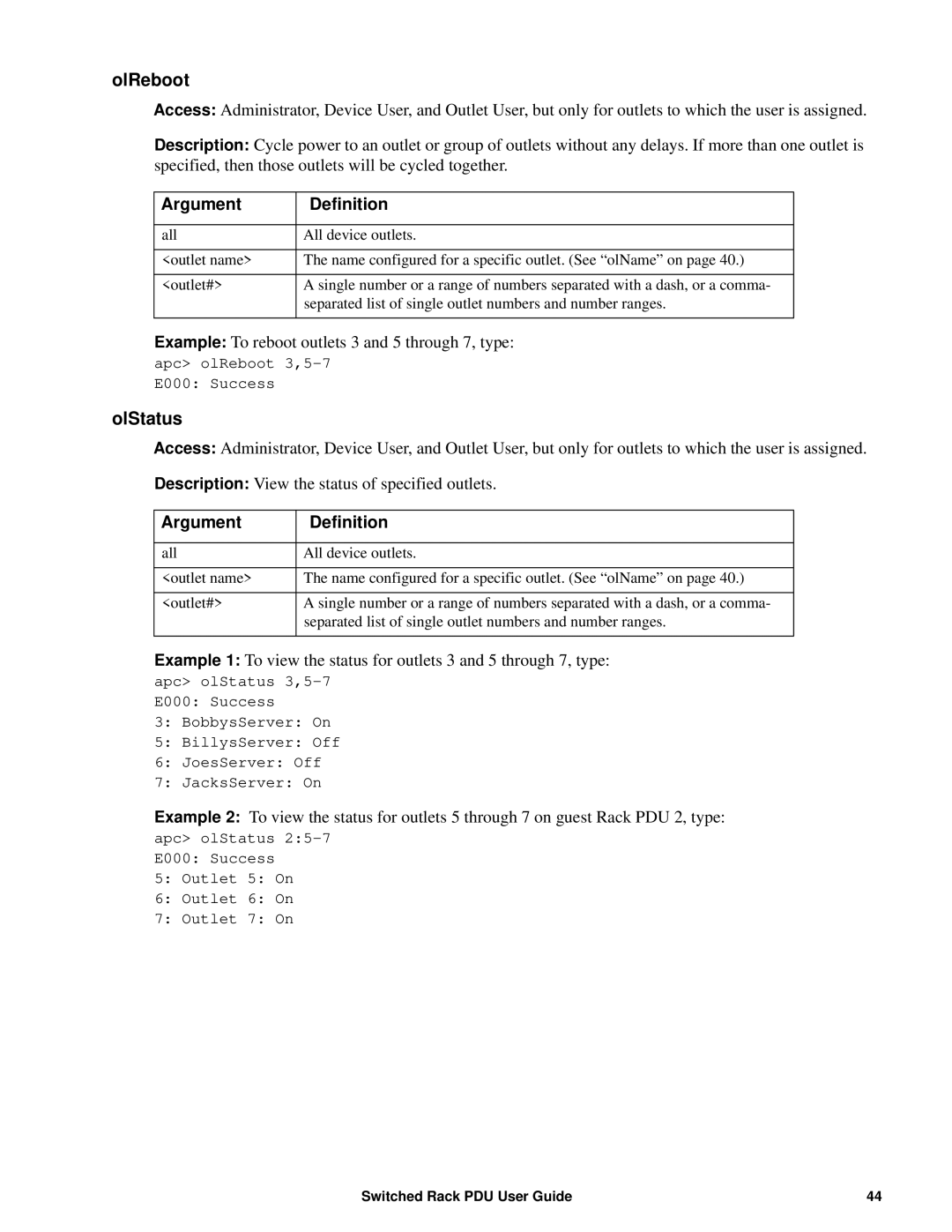 APC AP89XX, AP8941 manual OlReboot, OlStatus 