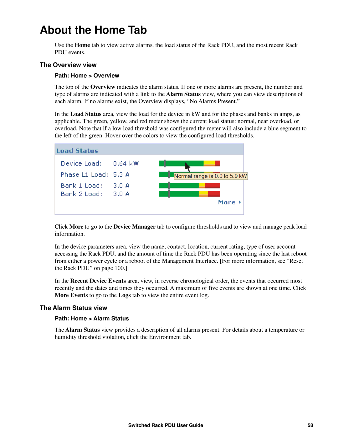 APC AP89XX, AP8941 manual About the Home Tab, Overview view, Alarm Status view 