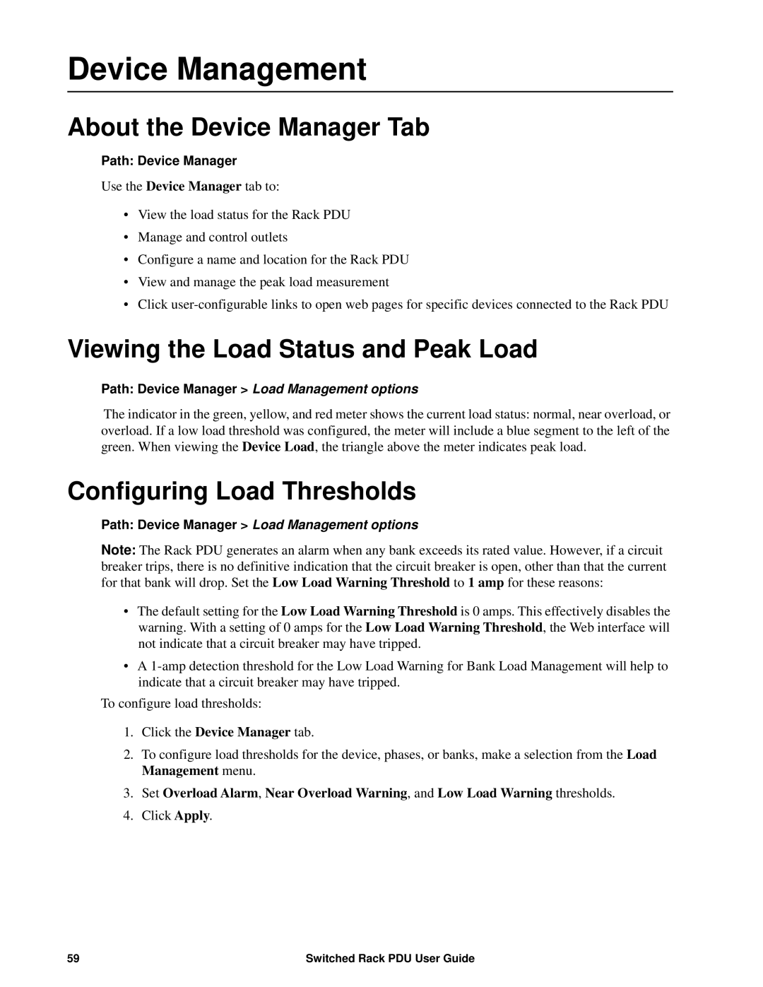 APC AP8941, AP89XX manual Device Management, About the Device Manager Tab, Viewing the Load Status and Peak Load 