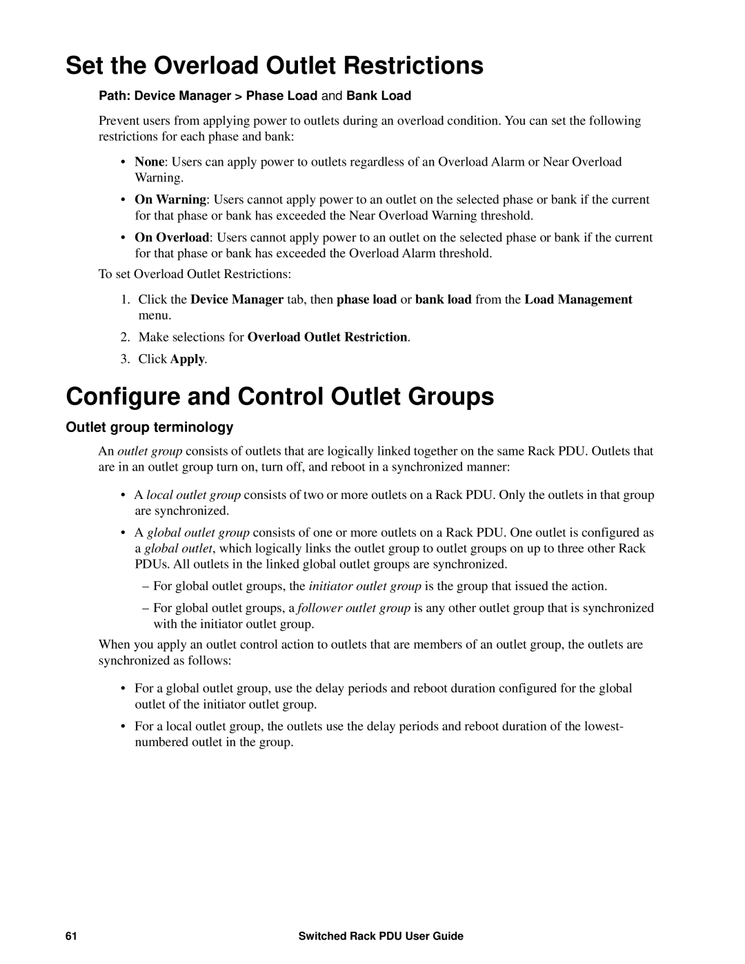 APC AP8941, AP89XX Set the Overload Outlet Restrictions, Configure and Control Outlet Groups, Outlet group terminology 