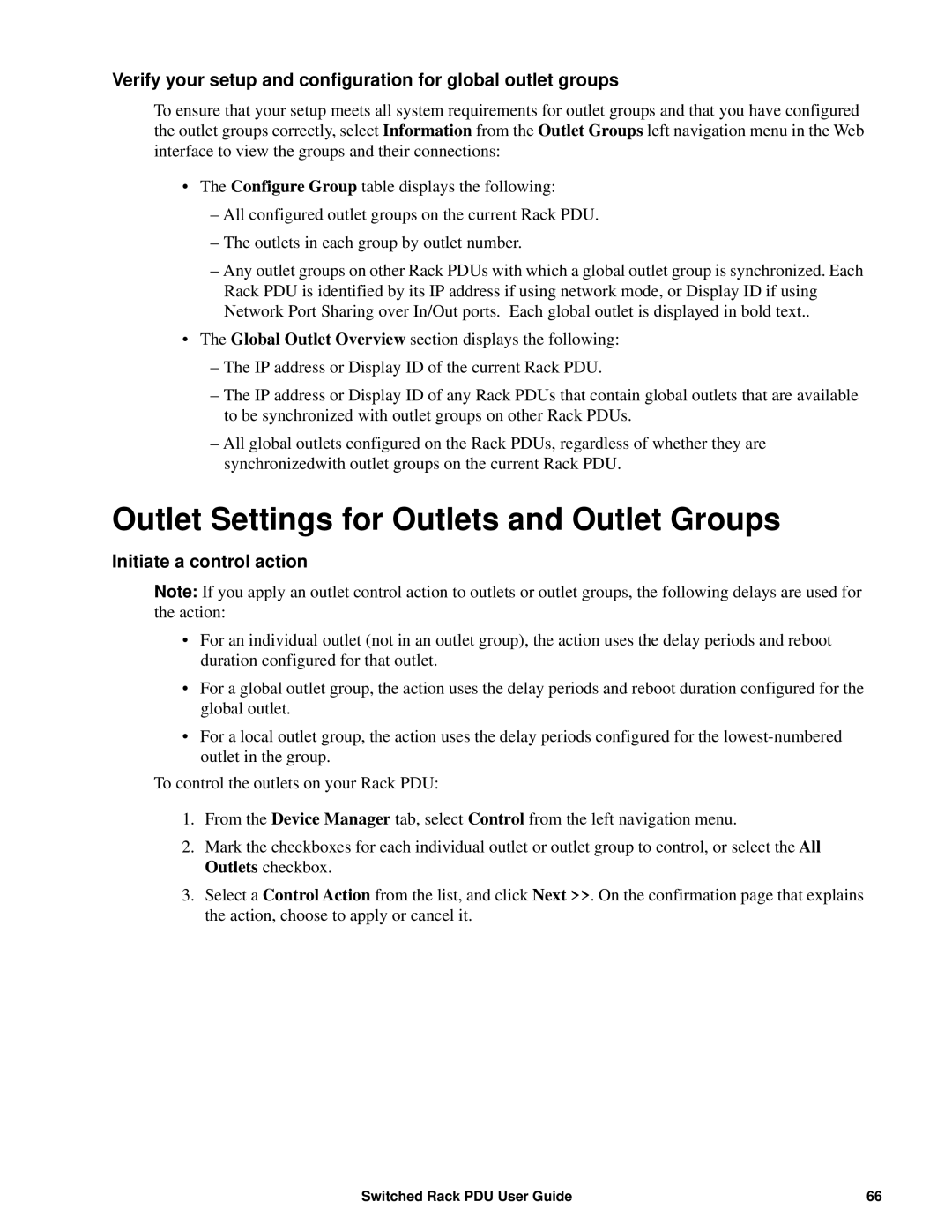 APC AP89XX, AP8941 manual Outlet Settings for Outlets and Outlet Groups, Initiate a control action 