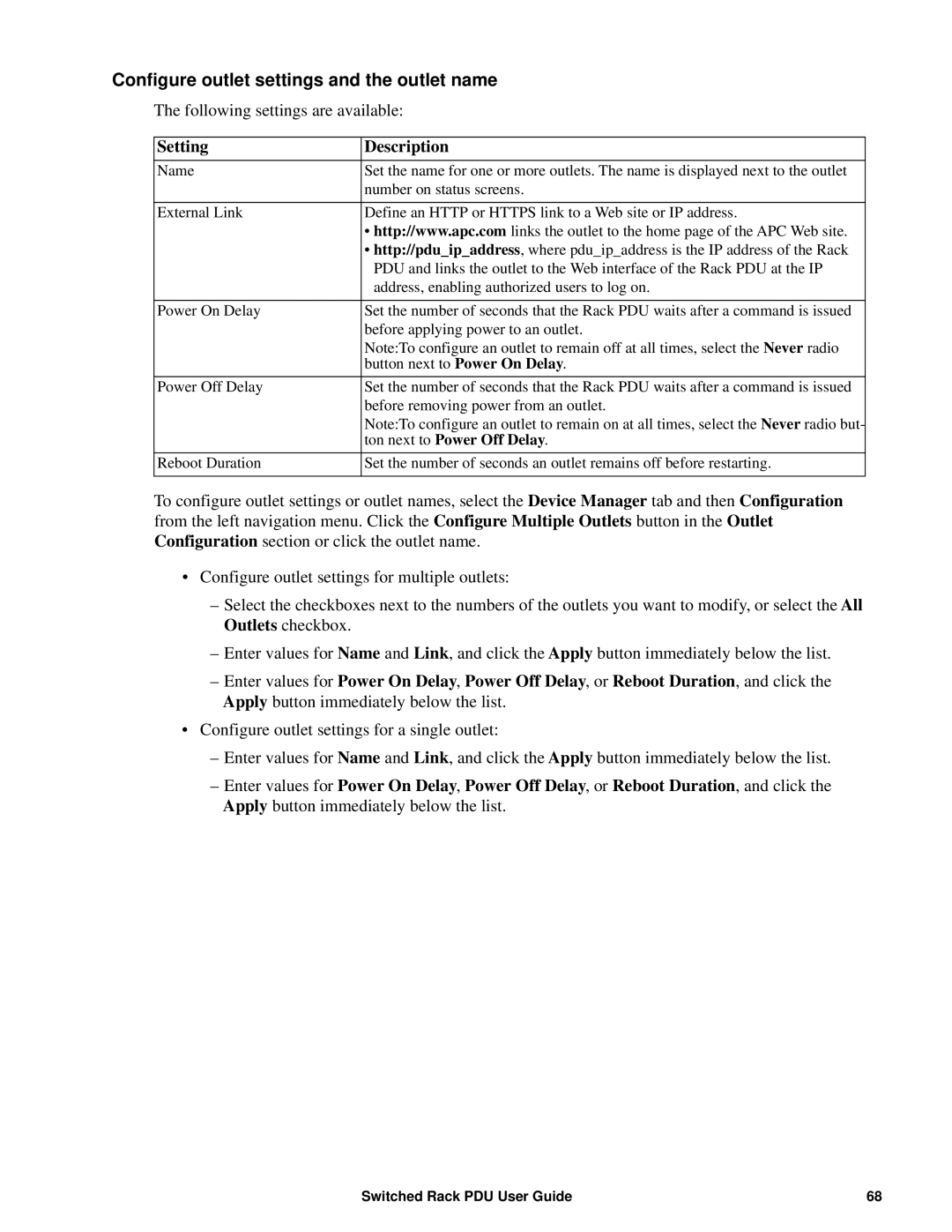 APC AP89XX, AP8941 manual Configure outlet settings and the outlet name, Setting Description 