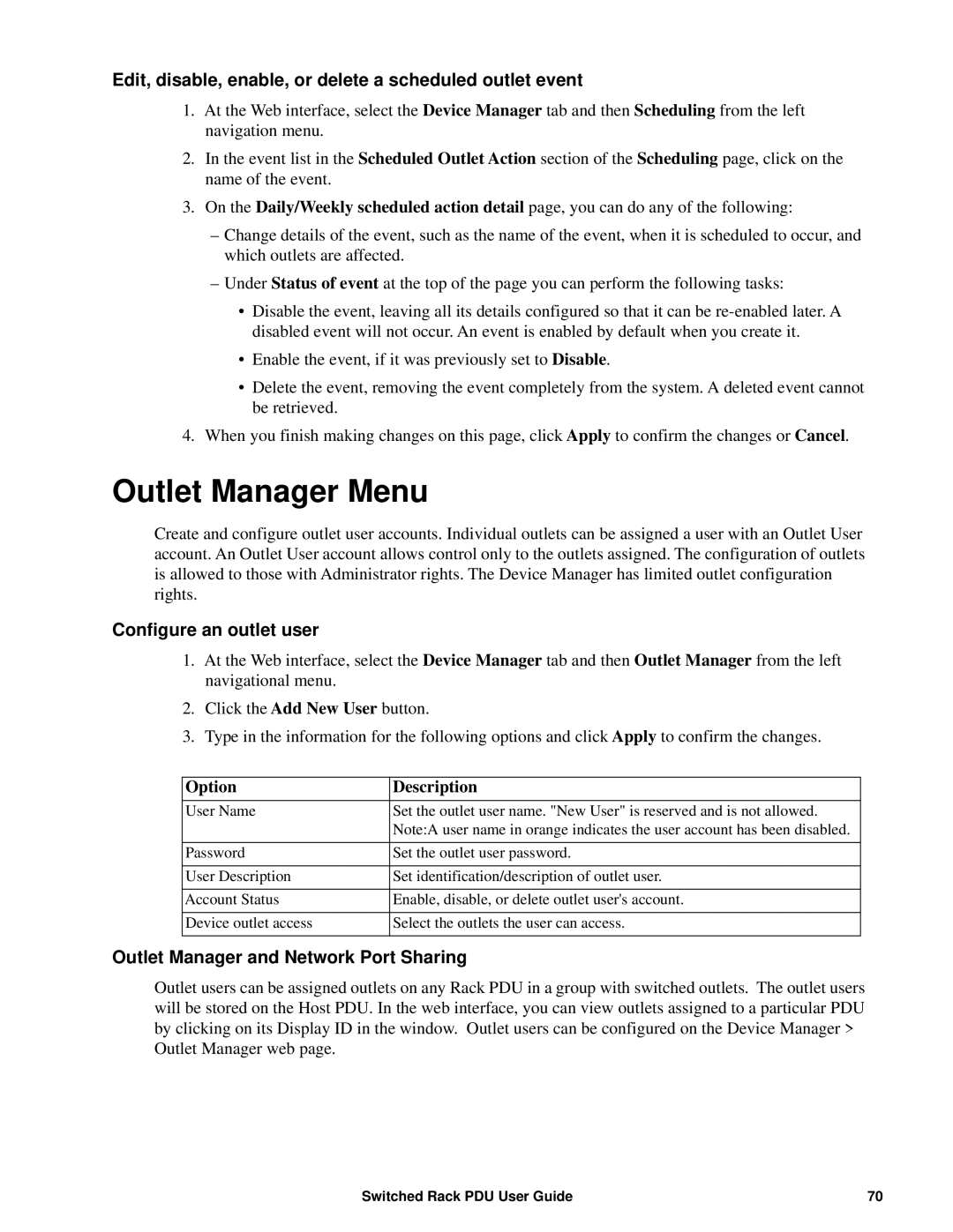 APC AP89XX manual Outlet Manager Menu, Edit, disable, enable, or delete a scheduled outlet event, Configure an outlet user 