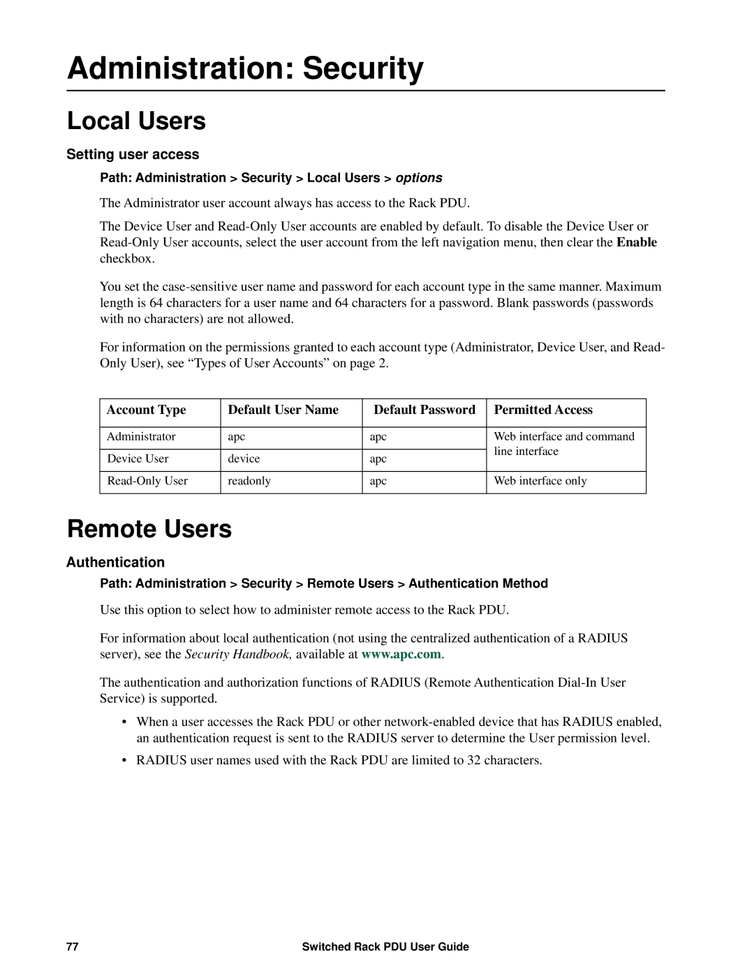 APC AP8941, AP89XX manual Administration Security, Local Users, Remote Users, Setting user access, Authentication 