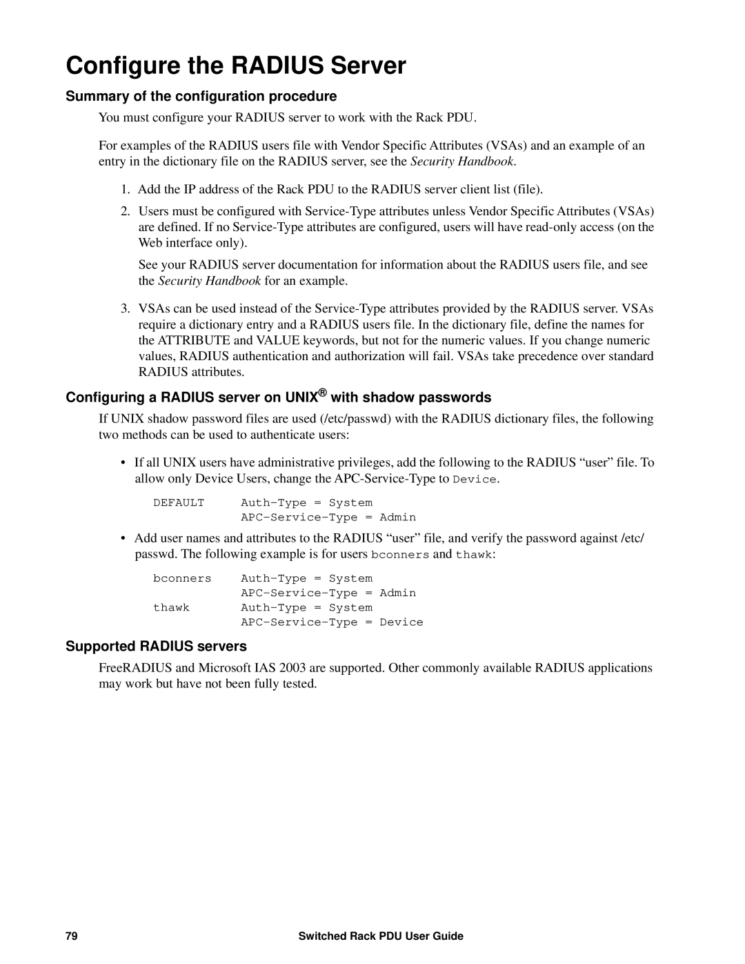 APC AP8941, AP89XX manual Configure the Radius Server, Summary of the configuration procedure, Supported Radius servers 