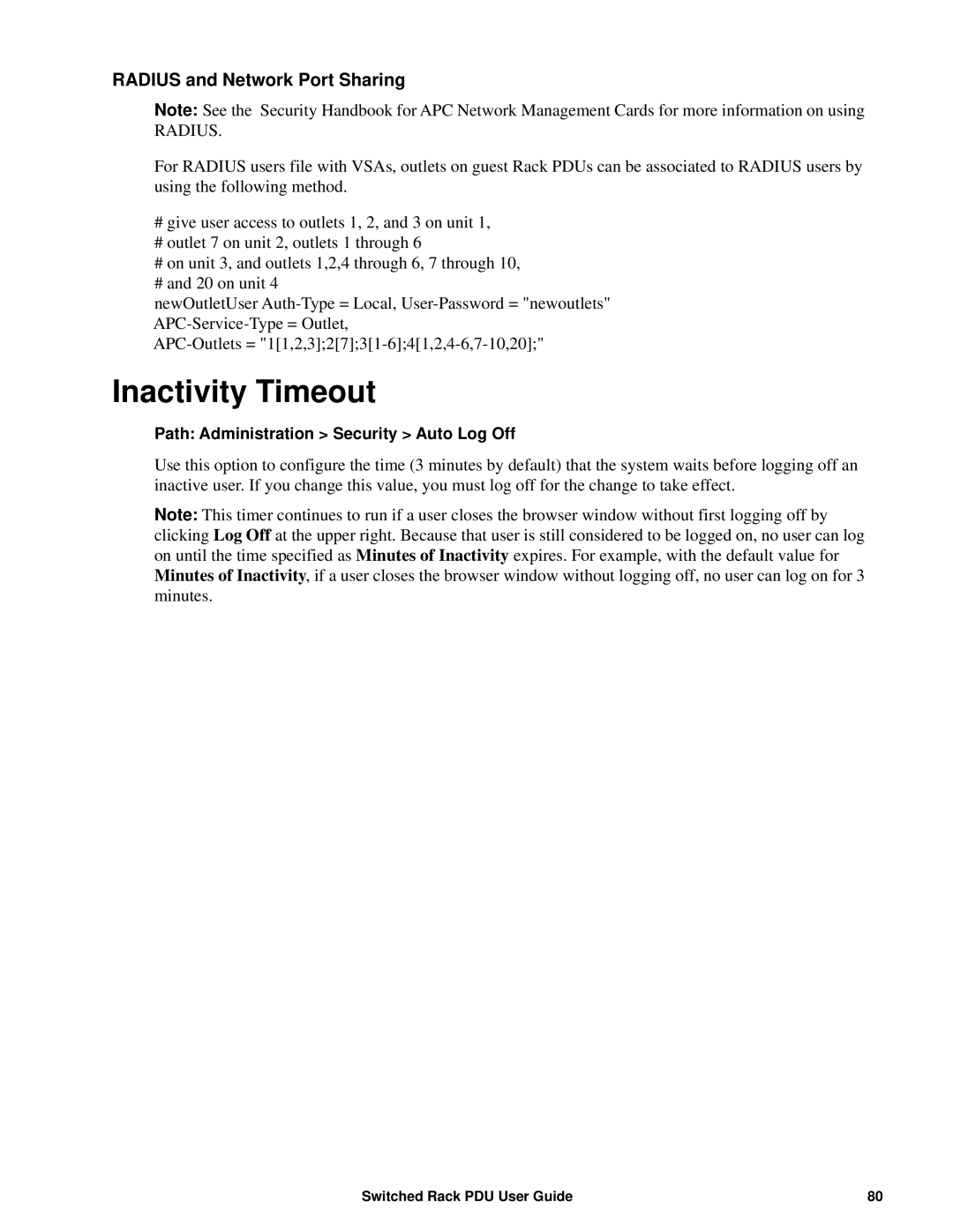 APC AP89XX, AP8941 manual Inactivity Timeout, Radius and Network Port Sharing 