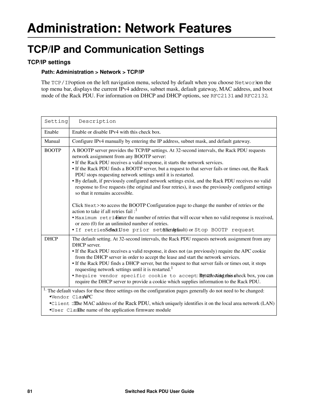 APC AP8941, AP89XX manual Administration Network Features, TCP/IP and Communication Settings, TCP/IP settings 