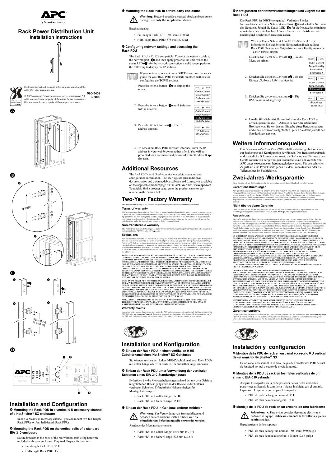 APC AP8958 installation instructions Rack Power Distribution Unit, Weitere Informationsquellen, Zwei-Jahres-Werksgarantie 