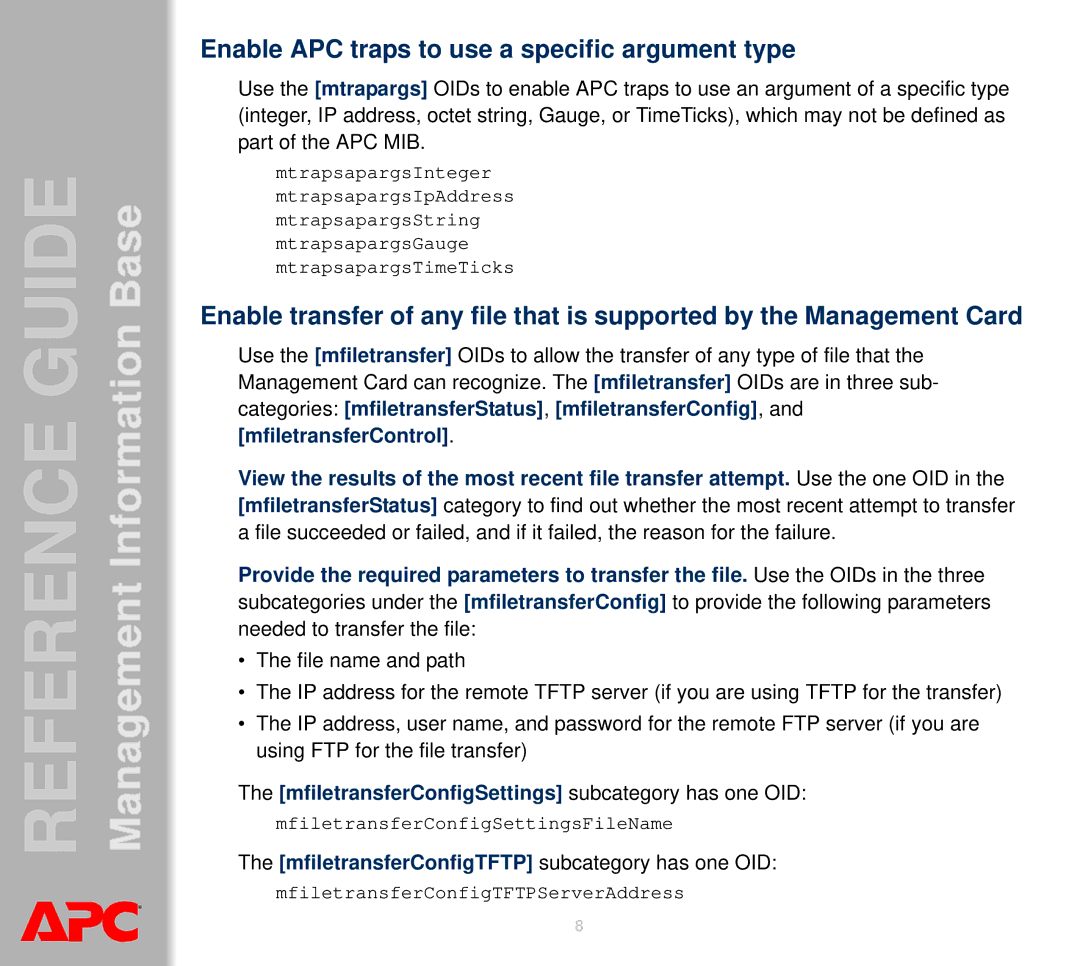 APC AP8959NA3 manual Enable APC traps to use a specific argument type, MfiletransferConfigSettings subcategory has one OID 