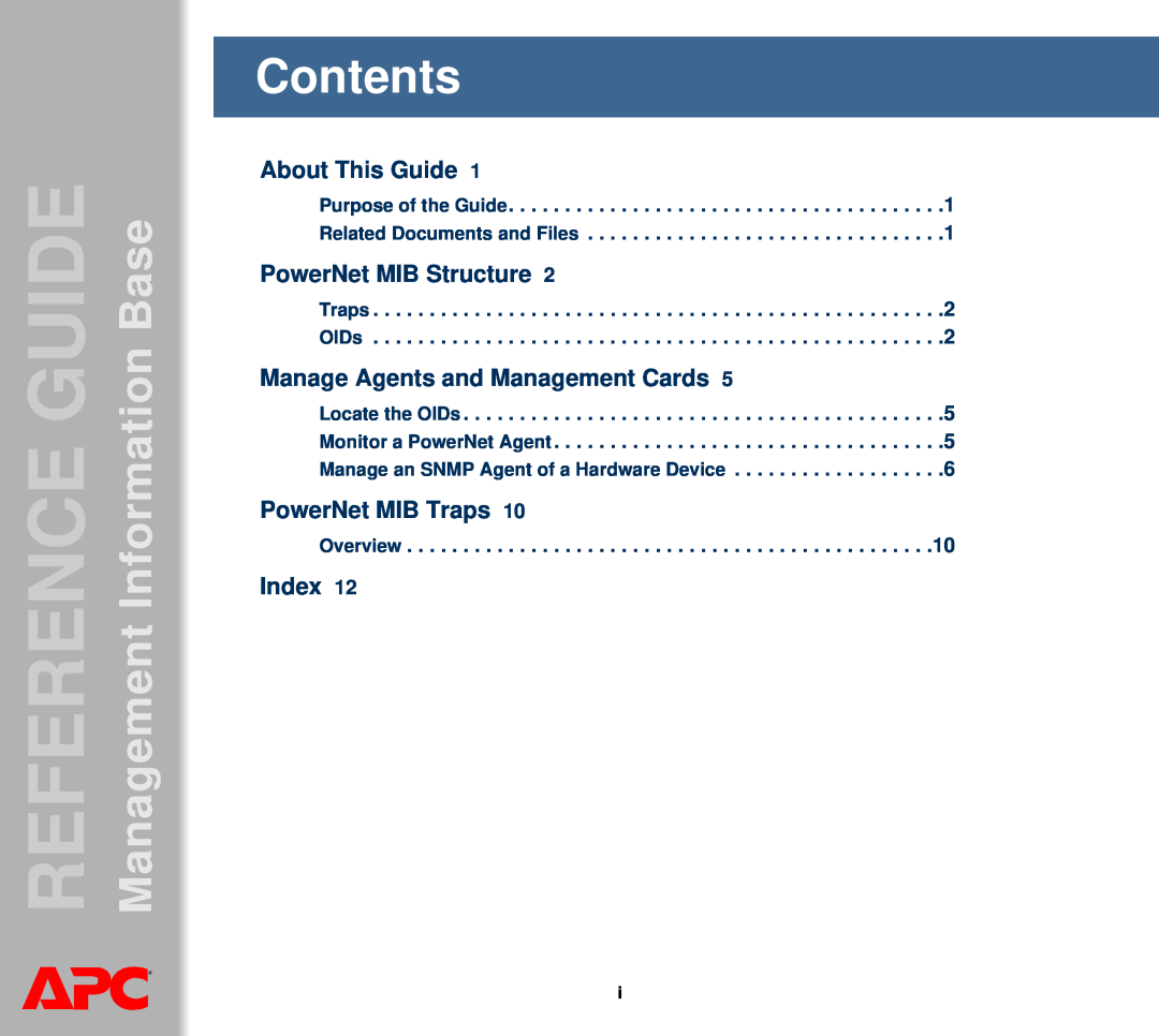 APC AP8959NA3 manual Contents, Management GUIDEREFERENCE BaseInformation, About This Guide, PowerNet MIB Structure, Index 