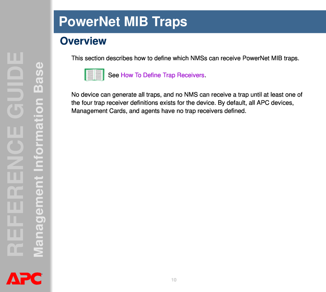 APC AP8959NA3 PowerNet MIB Traps, Overview, See How To Define Trap Receivers, Management GUIDEREFERENCE BaseInformation 