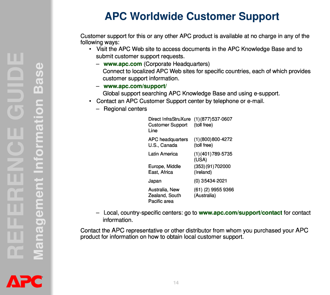 APC AP8959NA3 manual APC Worldwide Customer Support, Management GUIDEREFERENCE BaseInformation 